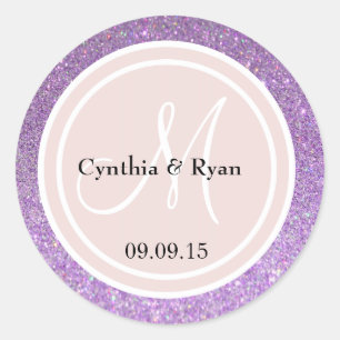 Purple Glitter & Blush Pink Wedding Monogram Classic Round Sticker