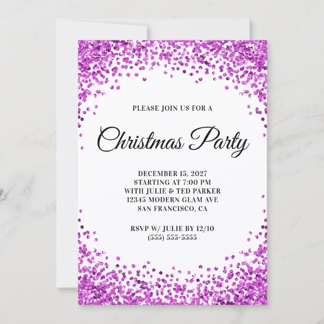 Purple Glitter Border White Christmas Party Invitation (Front)