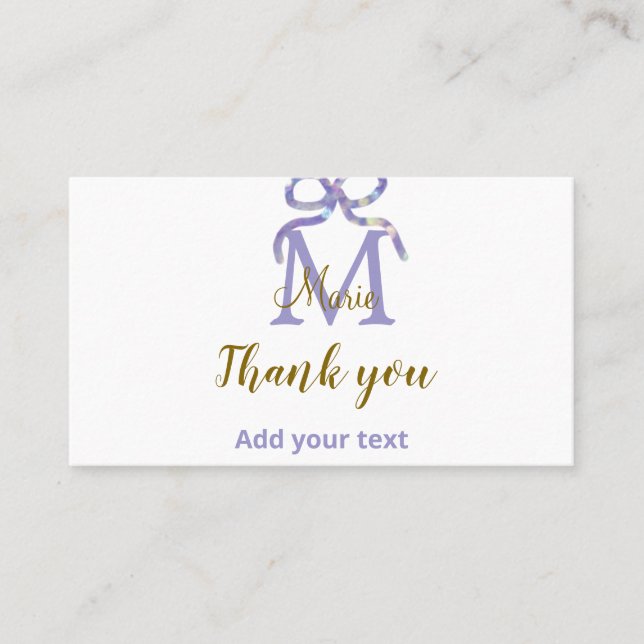 Purple glitter bow add name letter monogram thank  business card (Front)