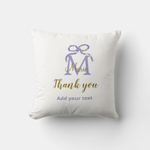 Purple glitter bow add name letter monogram thank cushion