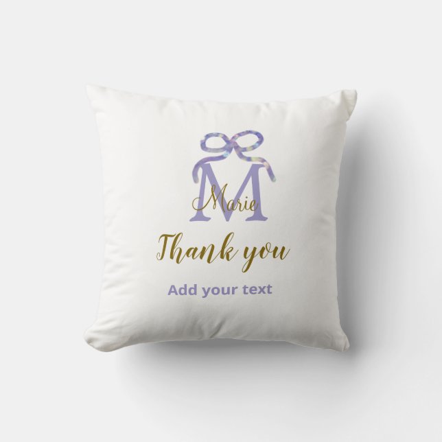 Purple glitter bow add name letter monogram thank  cushion (Front)
