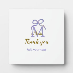 Purple glitter bow add name letter monogram thank plaque
