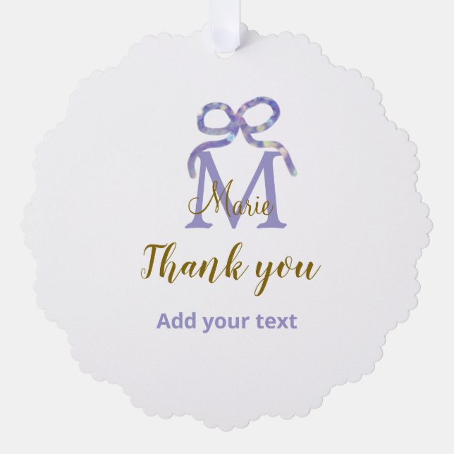 Purple glitter bow add name letter monogram thank  tree decoration card (Front)