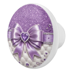 Purple Glitter Bow Heart Personalised Glam Design Ceramic Knob
