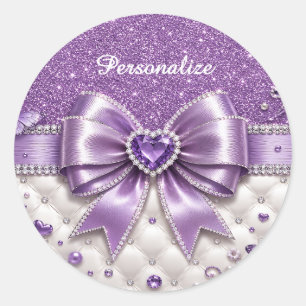 Purple Glitter Bow Heart Personalised Glam Design Classic Round Sticker
