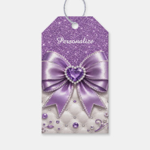 Purple Glitter Bow Heart Personalised Glam Design Gift Tags