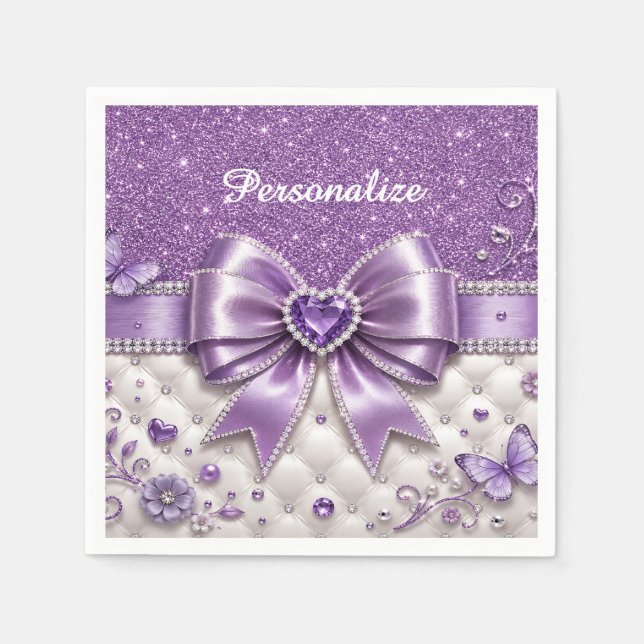 Purple Glitter Bow Heart Personalised Glam Design Napkin (Front)