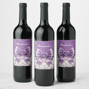 Purple Glitter Bow Heart Personalised Glam Design Wine Label