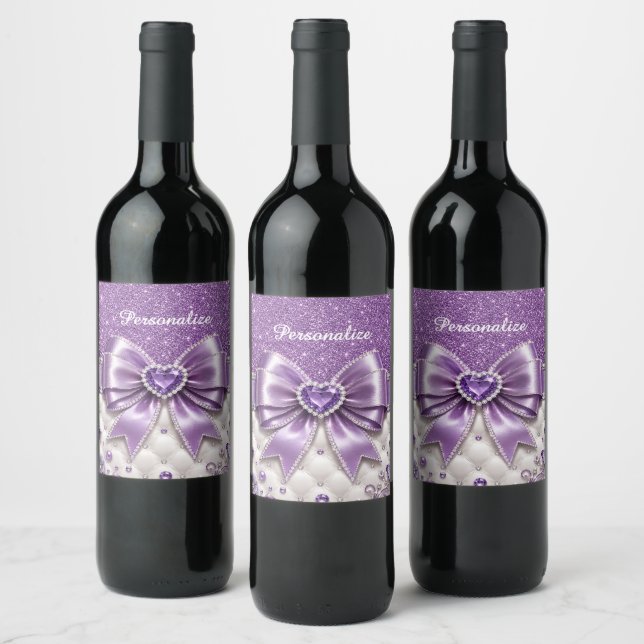 Purple Glitter Bow Heart Personalised Glam Design Wine Label (Bottles)