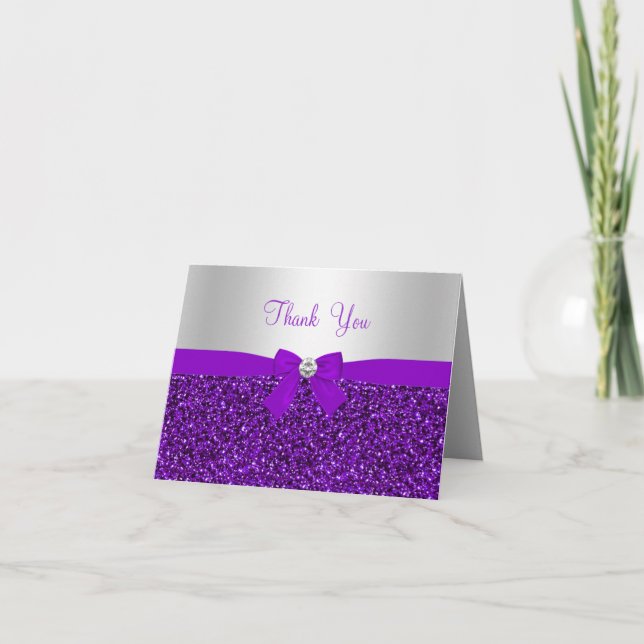 Purple Glitter & Bow Thank You Card (Front)