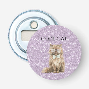 Purple Glitter Brown Cool Cat Glasses Bottle Opener