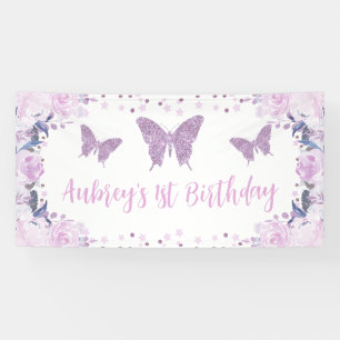 Purple glitter Butterfly Birthday Backdrop Banner