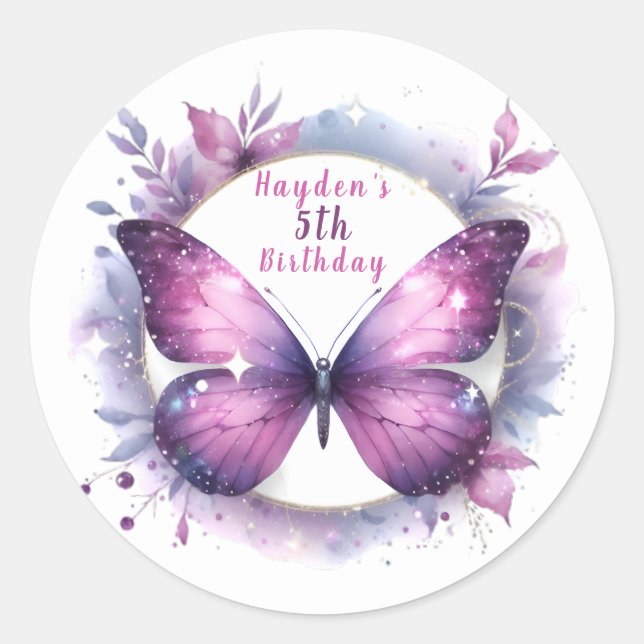 Purple Glitter Butterfly - Birthday Classic Round Sticker (Front)