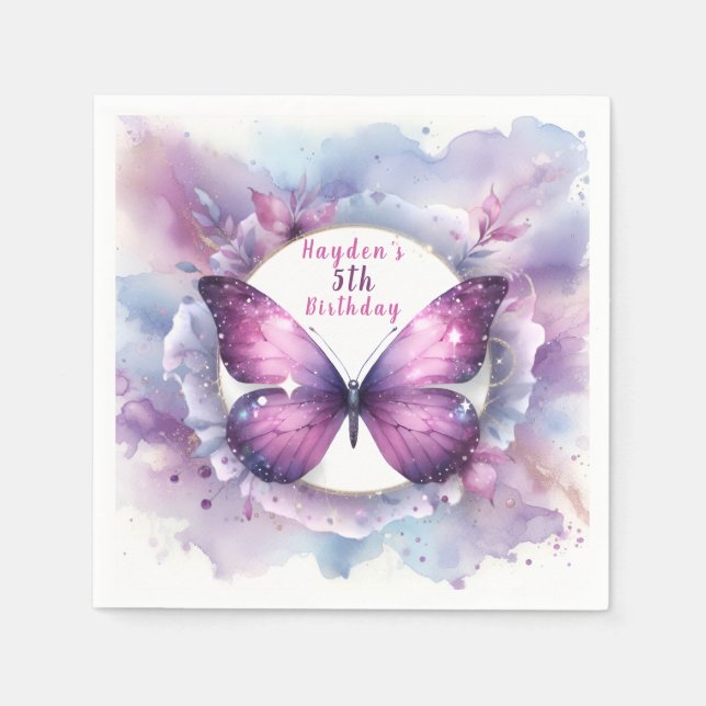 Purple Glitter Butterfly - Birthday Napkin (Front)