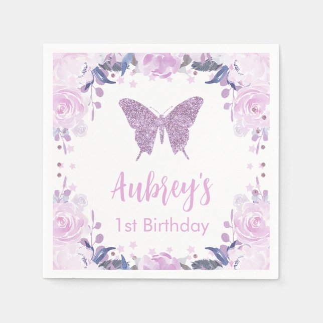 Purple glitter Butterfly Birthday Paper Napkin (Front)
