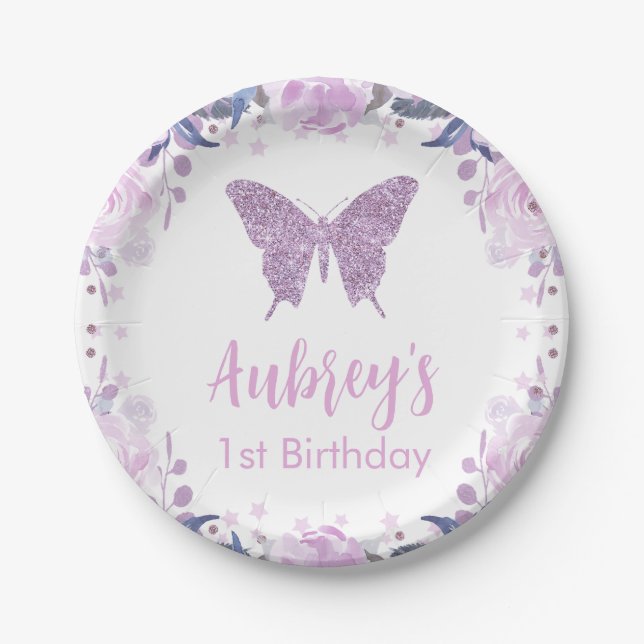 Purple glitter Butterfly Birthday Paper Napkin Paper Plate (Front)