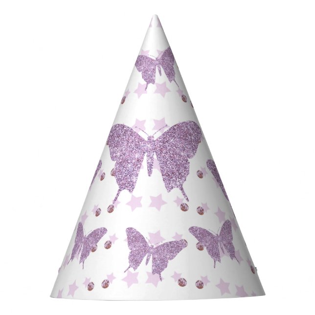 Purple Glitter Butterfly Birthday Party Hat (Front)