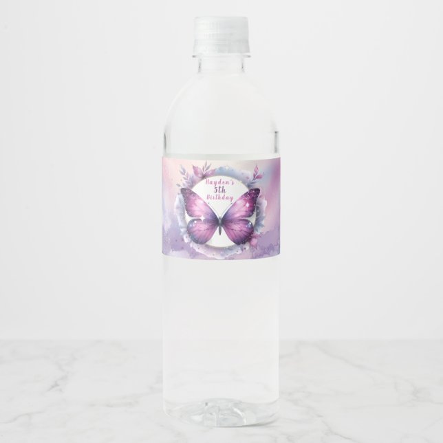 Purple Glitter Butterfly - Birthday Water Bottle Label (Front)
