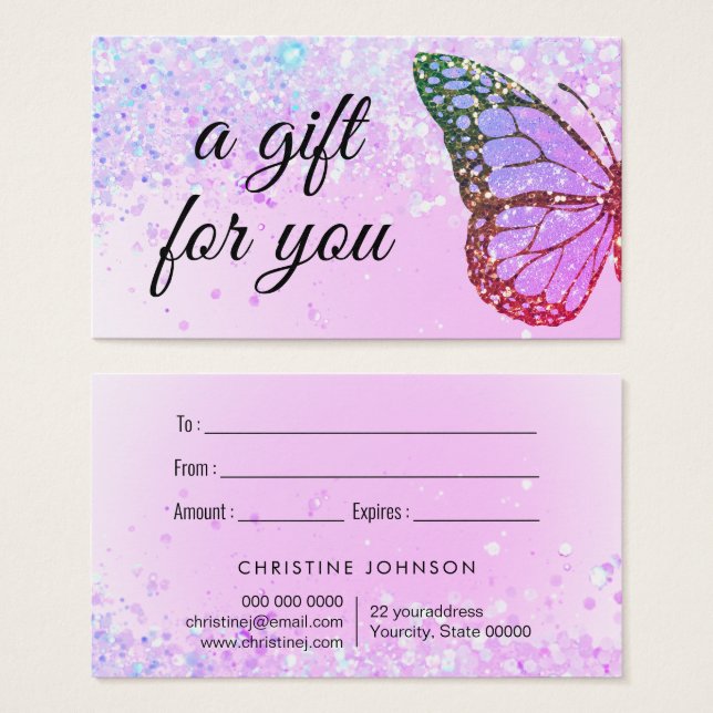 purple glitter butterfly design gift card (Front & Back)