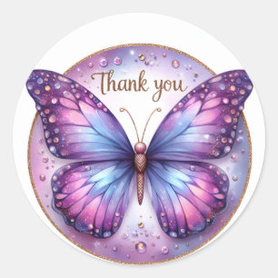 Purple Glitter Butterfly - Thank you - Classic Round Sticker