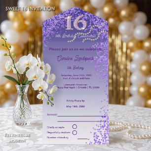 Purple Glitter Calligraphy Number Sweet 16 All In One Invitation