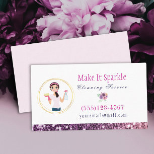 Purple Glitter Cartoon Maid Cleaning Services Business Card