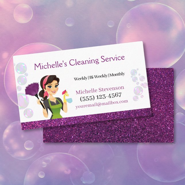 Purple Glitter Cartoon Maid House Cleaning Service Business Card (Creator Uploaded)
