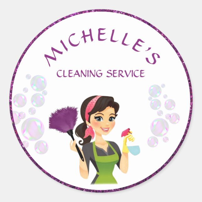 Purple Glitter Cartoon Maid House Cleaning Service Classic Round Sticker (Front)