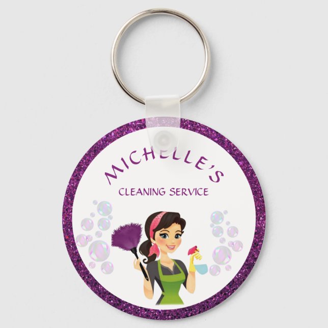 Purple Glitter Cartoon Maid House Cleaning Service Key Ring (Front)