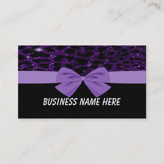 Purple Glitter Cheetah With Bow Business Card (Front)