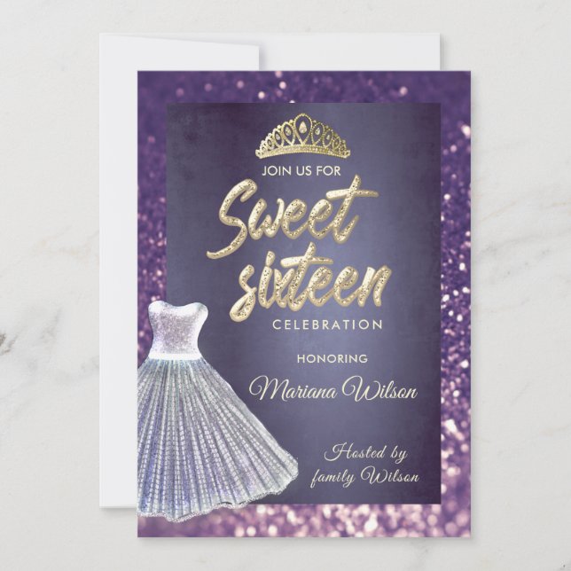 Purple glitter chic dress  Gold tiara Sweet 16  Invitation (Front)