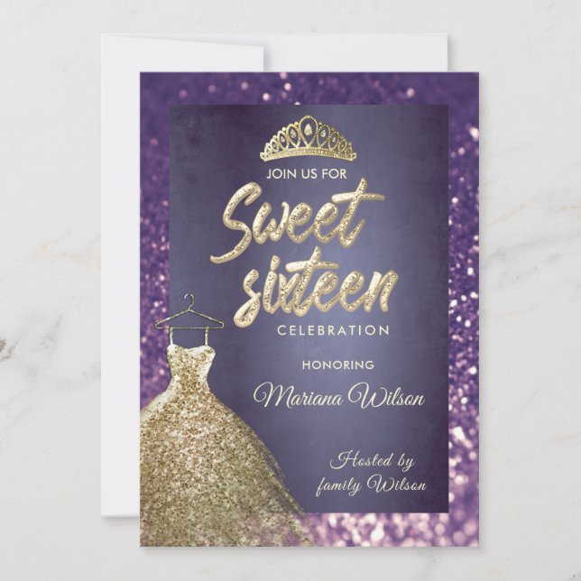 Purple glitter chic  Gold  dress tiara Sweet 16 Invitation (Front)