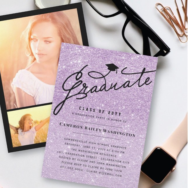 Purple Glitter Chic Graduate Graduation Cap Party Invitation (Creator Uploaded)