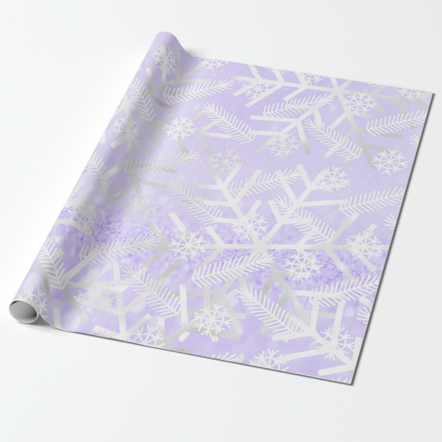 Purple Glitter Christmas Holiday Snowflakes Wrapping Paper (Unrolled)