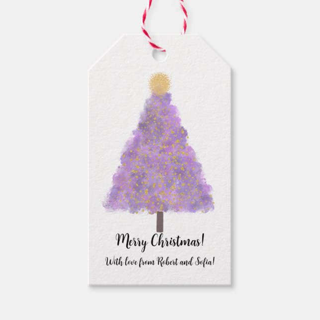 Purple glitter christmas tree  gift tags (Front)