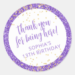 Purple Glitter Confetti Thank You Bday Favour Classic Round Sticker