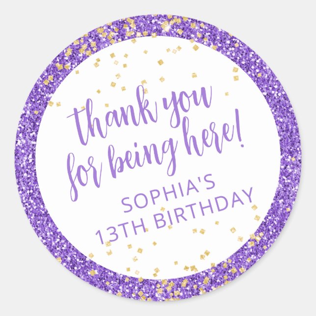 Purple Glitter Confetti Thank You Bday Favour Classic Round Sticker (Front)