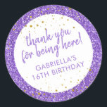 Purple Glitter Confetti Thank You Bday Favour Classic Round Sticker<br><div class="desc">Purple glitter and Gold Confetti sparkly personalised thank you favour stickers for a fun and girly birthday party. Text is editable and they are perfect for a girl's 1st 5th, or 8th birthday, or a big girl's 13th 15th sweet 16th, 18th or 21st birthday or graduation. The "thank you for...</div>