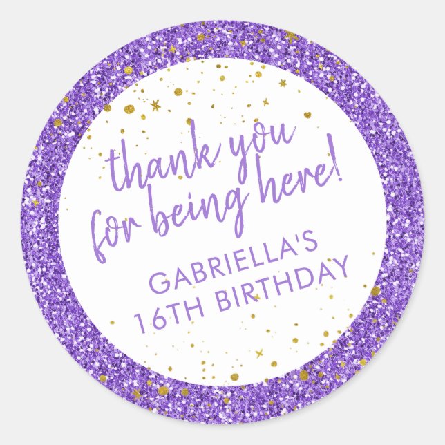 Purple Glitter Confetti Thank You Bday Favour Classic Round Sticker (Front)