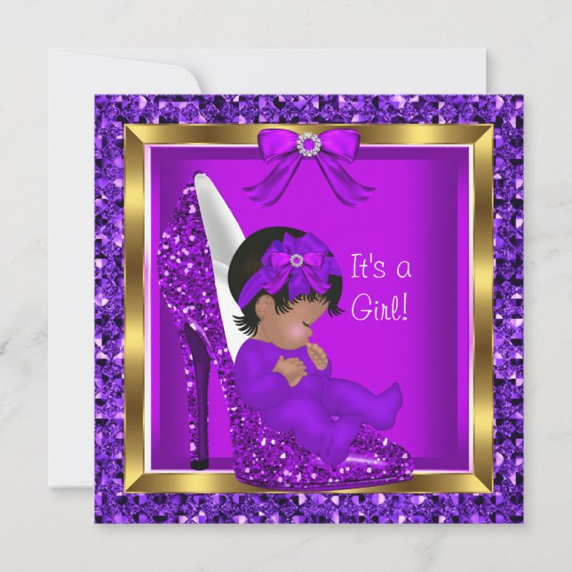 Purple Glitter Cute Baby in Shoe Baby Shower Girl Invitation (Front)