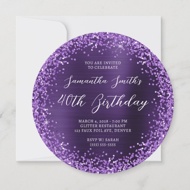 Purple Glitter Dark Violet Foil 40th Birthday Invitation (Front)