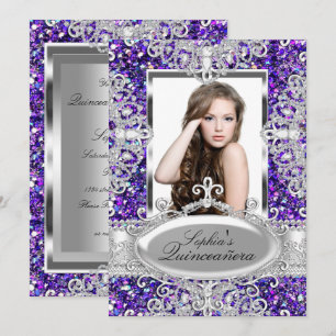 Purple Glitter & Diamond Glamour Quinceanera Invitation