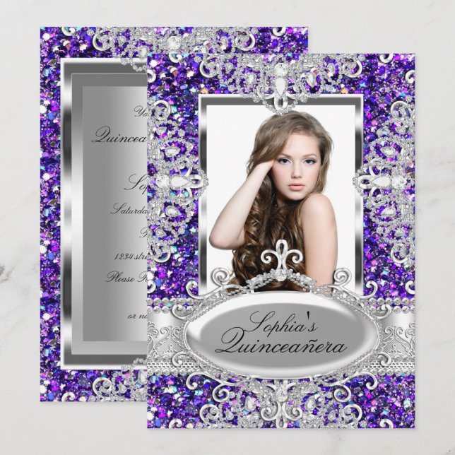 Purple Glitter & Diamond Glamour Quinceanera Invitation (Front/Back)