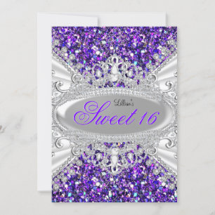 Purple Glitter & Diamond Tiara Sweet 16 Invitation