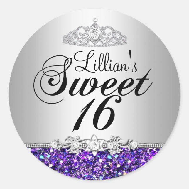 Purple Glitter & Diamond Tiara Sweet 16 Sticker (Front)
