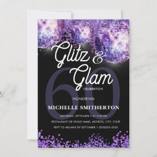 Purple Glitter Disco Glitz Glam 60th Birthday Invi Invitation