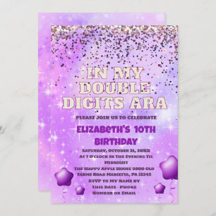 Purple Glitter Double Digits Birthday with balloon Invitation