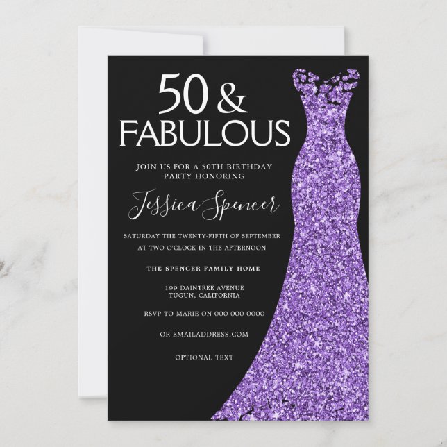 Purple Glitter Dress Black 50th Birthday Party Invitation (Front)