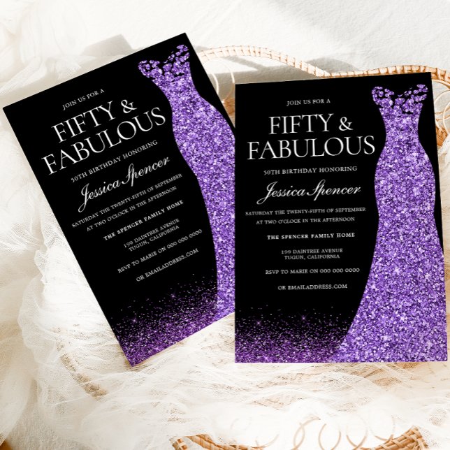 Purple Glitter Dress Gown 50th Birthday Party Invitation (Creator Uploaded)