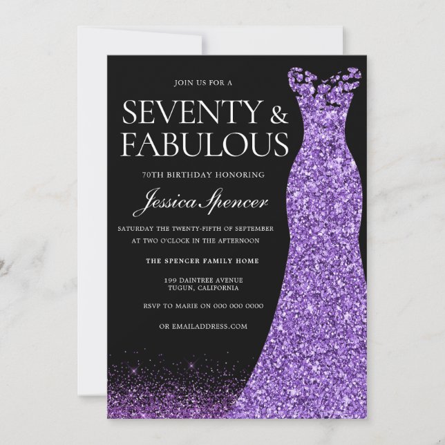 Purple Glitter Dress Gown 70th Birthday Party Invitation (Front)